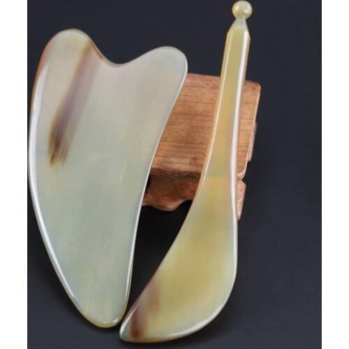 2pc/set Natural Ox Horn Guasha Massage Board Scraping Plate Acupuncture Stick Face Body Pressure Therapy Handle Massage Tools