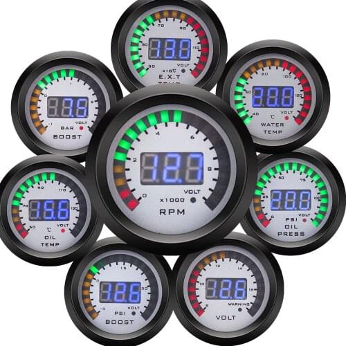 52mm 2 in 1 Car Digital Tachometer + Voltmeter tach Turbo Boost Gauge PSI BAR Water Temp Oil Temp Oil Pressure Gauge rpm meter