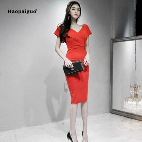 2018 Solid Bodycon Pencil Dress V-neck Short Knee-Length Elegent Office Dress for Women Dresses Sexy Party Club Ladies Dresses