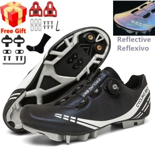 2021 Reflective Mountain Bike Shoes Flat Cycling Sneakers MTB Outdoor Men Ultralight Racing Road Shoes With Free Bicycle Pedals