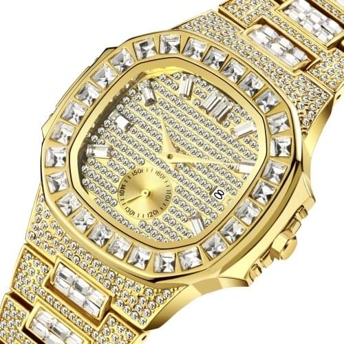 MISSFOX Men Watches Fashion Punk Hip Hop Full Diamond Mens Wristwatch Gold Waterproof Calendar Quartz Clock Relogio Masculino