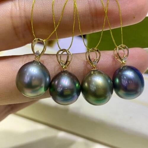 HENGSHENG 11-12MM Rice Shape Tahiti Natural-Ocean Green Pearls Pendant, 18k Gold Clasp With Free Silver Chain Fine Jewelry