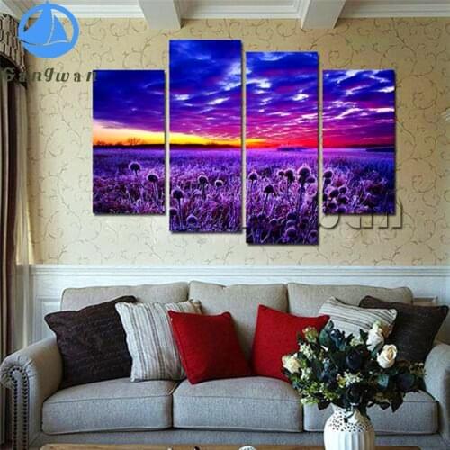 Lavender field, beautiful natural scenery DIY Diamond Painting Full Square Round Drill Embroidery Cross Stitch 4 pcs Home Decor