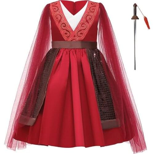 Chinese Princess Mulan Dress Up for Girls Flare Long Sleeve Dress Halloween Child Hua Mulan Costume Chinese Costumes Hanfu Dress
