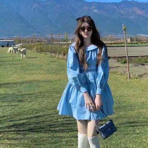 Short Mini Dress Womens Designer Bow Tie Long Puff Sleeve Slim Waist Peter Pan Collar Ruffles Blue Dresses School Girl Wear