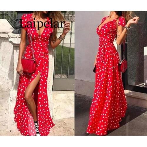 Laipelar Summer Ladies Long Dress Red White Dot Beach Dress Maxi Dress Women Evening Party Dress Sundress New