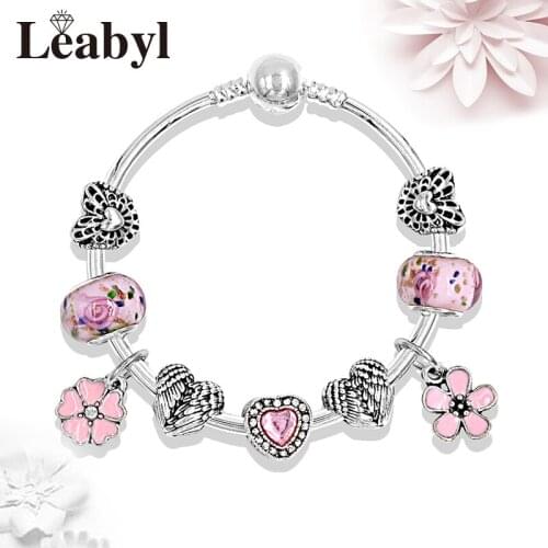 Leabyl Euroean & American Vogue Pink Heart Flower Beads Bracelet Silver Color Love Charms Bracelets & Bangles Pulseira Feminina