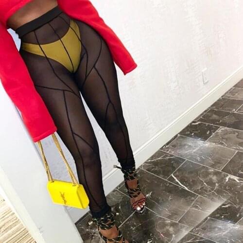 Women Striped Sheer Mesh Perspective Legging for Women High Waist Body-shaping Skinny Pant Streetwear Patchwork Pencil Trouser