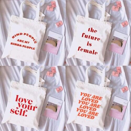 Love Yourself Print Bag Female Shopping Shoulder Bag Feminism Girl Power Slogan Canvas Bags Women Eco Reusable Shopper Handbag