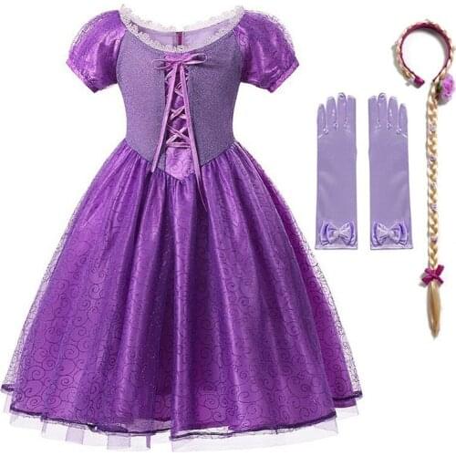 VOGUEON Girls Rapunzel Fancy Dress Up Clothes Short Sleeve Ruched Layered Princess Party Costume Children Halloween Purple Frock