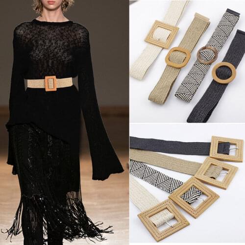 Fashion Bohemian Elastic Braided Casual Belt Women Summer Dress Jeans PP Straw Designer Wood Bamboo Buckle Waistband