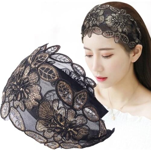 Lace Flowers Headband Wide Women Hair Hoop Head Bands Toothed Non-slip Elastic Hairband Bezel Hair Accessories Headdress