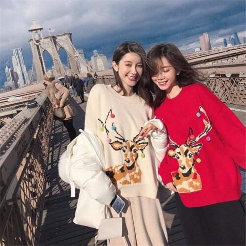 Christmas Pullovers Deer Pattern Knitted Tops O-Neck Long Sleeve Little Pompom Sweet Women Sweater Autumn Winter Red Knitwear