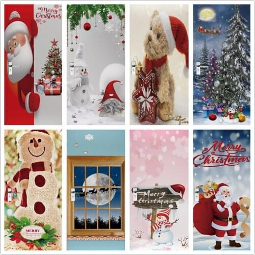 Christmas Door Sticker For Home Decor Living Room Bedroom Self-adhesive Wallpaper Removable Poster DIY PVC Decal Art Xmas Murals