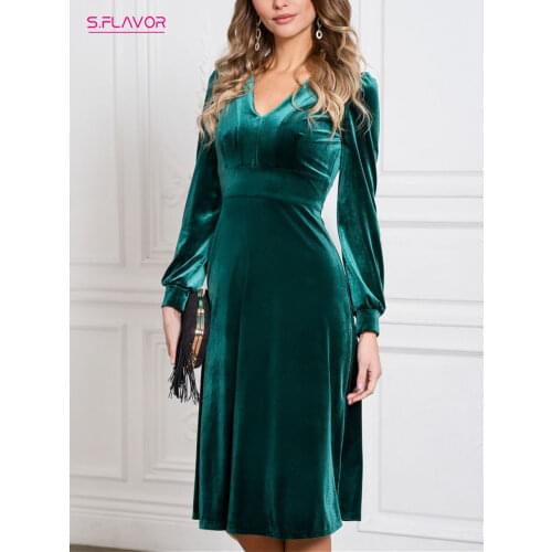 S.FLAVOR Elegant Green Color Women Velvet Dress Vintage V-neck Sexy Slim Party Vestidos De Autumn Winter Retro A-line Dresses