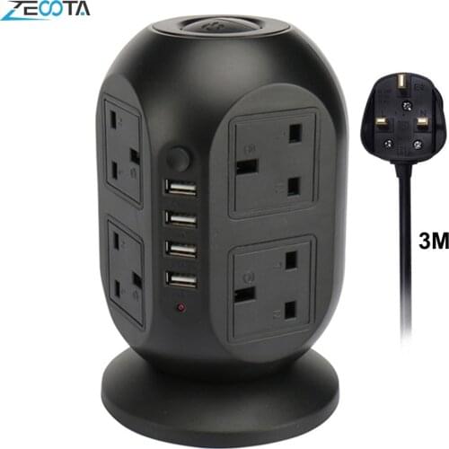 Tower Power Strip Vertical UK Plug Adapter Outlets 8 way AC Multi Electrical Sockets with USB Surge Protector 3m Extension Cord