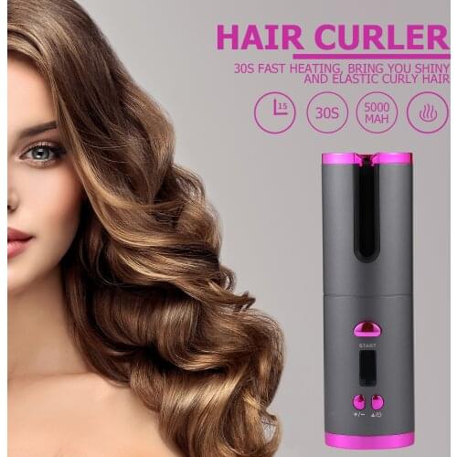 Automatic Hair Curler Rechargeable Rotating Curling Iron for Curls Waves LCD Display Ceramic Professional Curly Tools