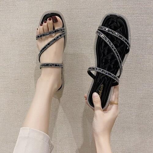 Female Shoes Slippers Casual Slides Jelly Flip Flops Big Size 2021 Luxury Flat Glitter Rubber PU Scandals Fabric Crystal Basic