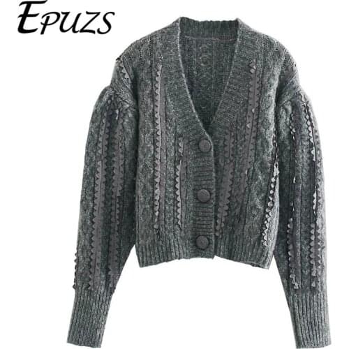 Vintage V-Neck Knitted Sweater Winter Clothing Women Long Sleeve Gray Cardigan Sweater Casual Slim Loose Elegant Chic Tops