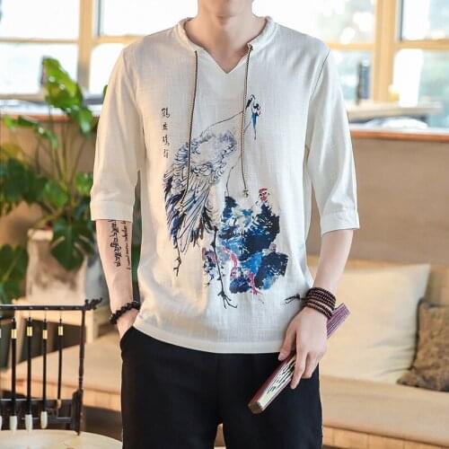 Men Sweatshirt Linen Printing Loose Chinese Traditional Shirt Casual Jogger Exercise Yoga Tai Chi Meditation Shirt Activewear