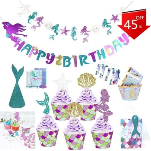 Happy Birthday Cake Topper Mermaid Party Cupcake Toppers Kids Birthday Party Babyshower Girls Cake Decoration Supplies