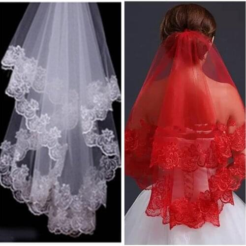 Vintage Lace Appliques One Layer Bridal Veil 2019 Short Long Bridal Veil Soft Women Wedding Hair Veils Cheap White ivory Red