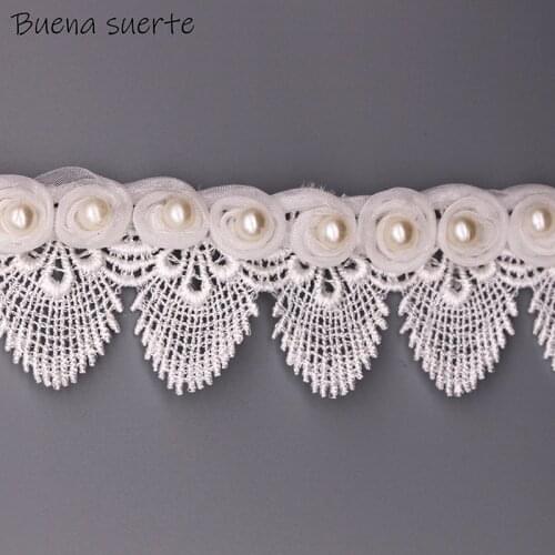 1Yard White flowers Pearl Beaded Chiffon polyester Embroidered Lace Trim Ribbon Fabric Handmade DIY Wedding Dress Sewing Craft
