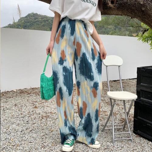 4XL Tie Dye Wide Leg Pants for Women 2021 Summer High Waist Casual Straight Loose Long Pants Streetwear Elastic Waist Trousers