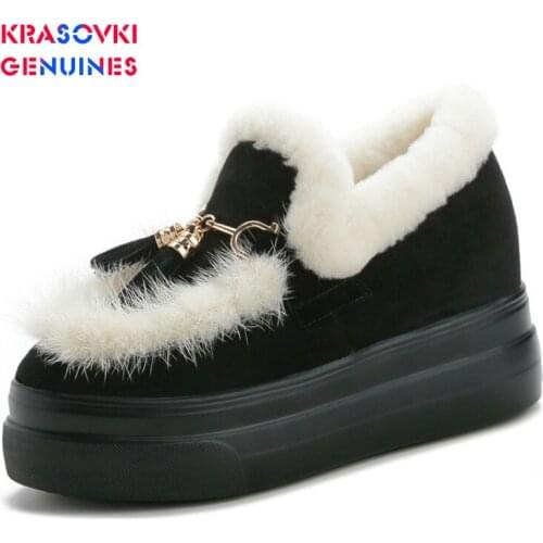 Krasovki Genuines Single Shoes Winter Women Wool Warm Cotton Shoes Increased Leisure Plush Keep Warm Thick Bottom Fashion Shoes