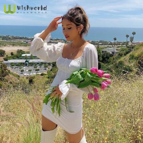 2021 Autumn New Slim Fit Bag Hip Square Neck Off Shoulder Chest Pleated Dress Womens Popular Lotus Leaf Sleeve Sundress