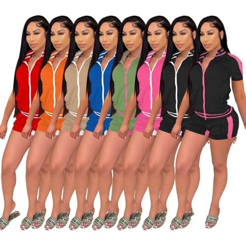 Summer Casual Women Zipper Hit Color Two Piece Shorts Sets Sexy Off The Shoulder Top Streetwear Jogging Biker Tracksuit Outfits