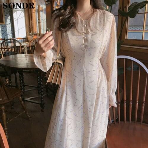 New 2020 Women Summer Dress Sundress Vintage V-Neck Puff Sleeve Chiffon Dress Female Casual High Waist Print Floral Long Dresses