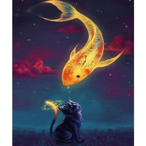 Art Needlework 5D DIY Diamond Painting Cat And Fish Diamond Embroidery Cartoon Diamond Mosaic Cross Stitch Full Diamond Decor