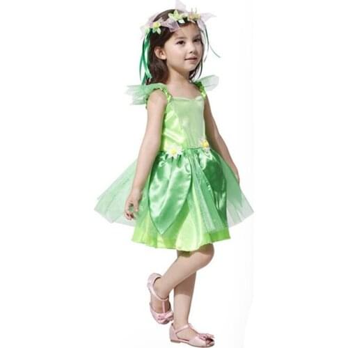 Free shipping Halloween Cosplay childrens masquerade costume girl flower fairy green fairy Green Elves princess party dress