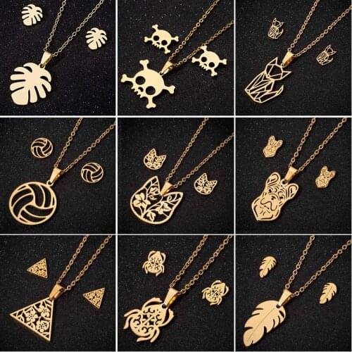 Hfarich Punk Stainless Steel Sets Vintage Choker Necklace Chain Leaf Skull Feather Ball Pendants Necklaces For Kids New Year Gif