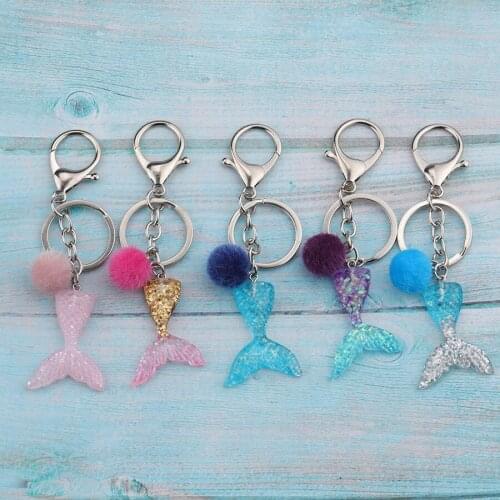 Jaymaxi Mermaid Hairball Key chains Imitation Enamel Ball Resin Gradient Fishtail Keychain Jewelry Wholesales 10Pieces/lot