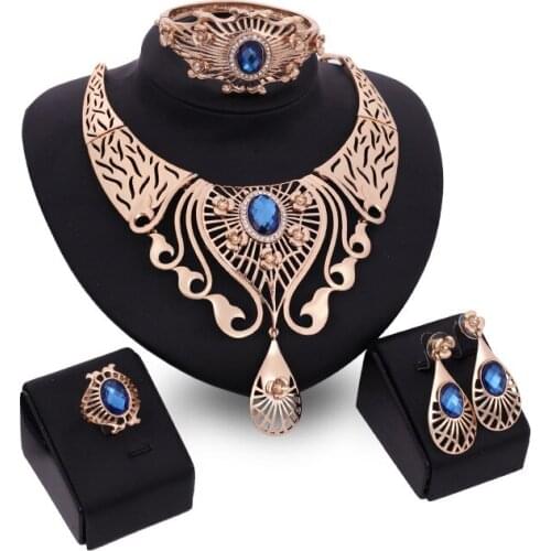 Teardrop Blue Europe America Hing-end Wedding Womens Necklace Bangle Earrings Ring Set Ladies Party Alloy Four Sets Of Jewel