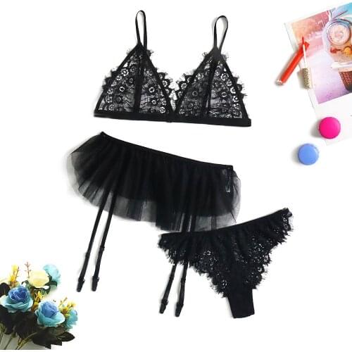 Sexy Bra set Lingerie Set Lenceria Women Sexy Pajamas Lingerie Mini Skirt Wireless Bra Thong With Garter комплект нижнего белья