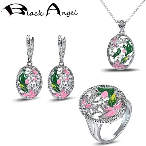 BLACK ANGEL Fashion Jewelry Set Handmade Colorful Enamel Flowers 925 Silver Sparkling CZ Ring Necklace Dangle Earrings for Women