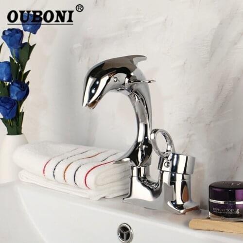 OUBONI Dolphin Polished Chrome Solid Brass 1 Handle 2 Hoses Deck Mounted Stream Spout Bathroom Basin sink Mixer Tap Faucet