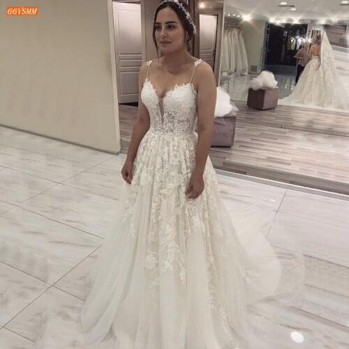 Boho Lace Wedding Dress Spaghetti Straps Appliqued Tulle Sexy Backless Bridal Dresses Slim Fit Custom Made 2020 Vestido De Novia