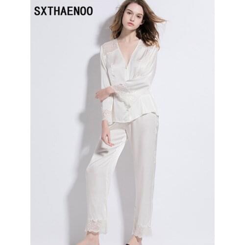 SXTHAENOO Light Luxury Silk Pajamas Female Home Clothes 100% Silk Sleepwear Female Suits Autumn Home Women Pajamas Set