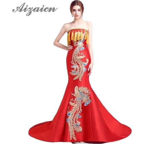 Sweetheart Elegant Chinese Evening Dress Applique Phoenix Tassel Trailing Party Dresses Oriental Wedding Gowns Red Long Qipao