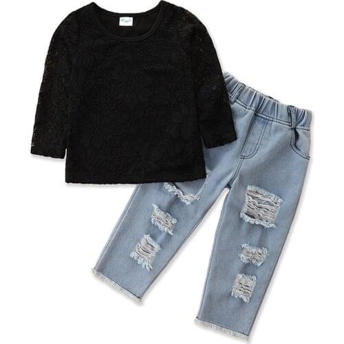 2021 1-6Y Fashion Kids Baby Girl Clothes Black Solid Long Sleeve T-shirt+Holes Denim Pants Autumn Outfits 2pcs