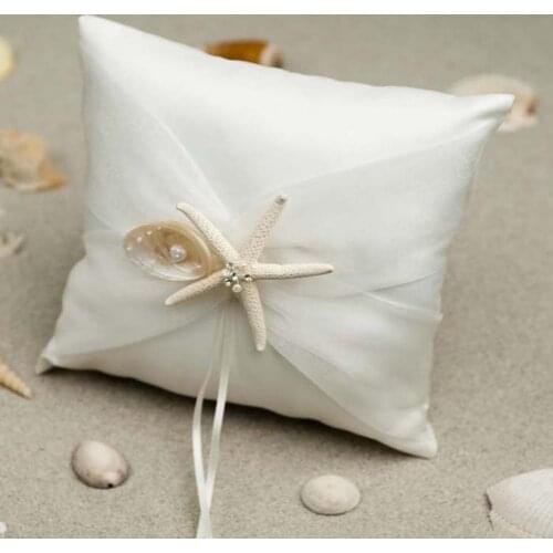 Sea Star Shell Ribbon Romantic Ring Pillow Beautiful Elegant Fabric Bridal Wedding Ceremony Pocket Ring Cushion for Wedding