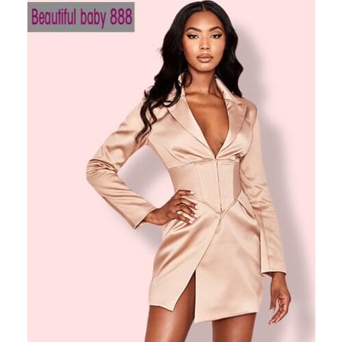 2019 New Deep V Neck Long Blazers Coats And Jackets Women Turn-Down Collar Long Sleeve Covered Button Coats Blazers Dresses