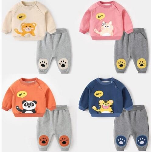 Newborn Clothes 2020 Autumn Winter New Baby Boys Girls Cute Cartoon Print Long Sleeve Pullover Sweater+ Casual Trousers 2Pcs Set