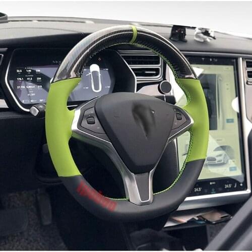 Interior Anti Slip 5D Carbon Fiber & Green Leather Steering Wheel Stitch on Wrap Cover For Tesla Model S/X 2016-2020