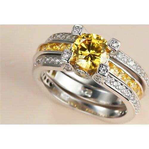 Luxury Female Yellow Crystal Stone Ring Dainty Silver Color Big Engagement Rings For Women Charm Round Zircon Wedding Ring Set