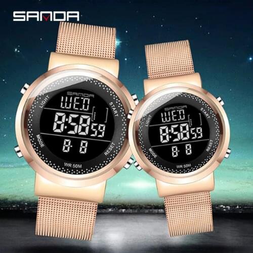 SANDA Hot Sell Fashion Casual Life Waterproof Couple Watch Black Dial Multifunctional Durable Digital Clock for Men Women 383
